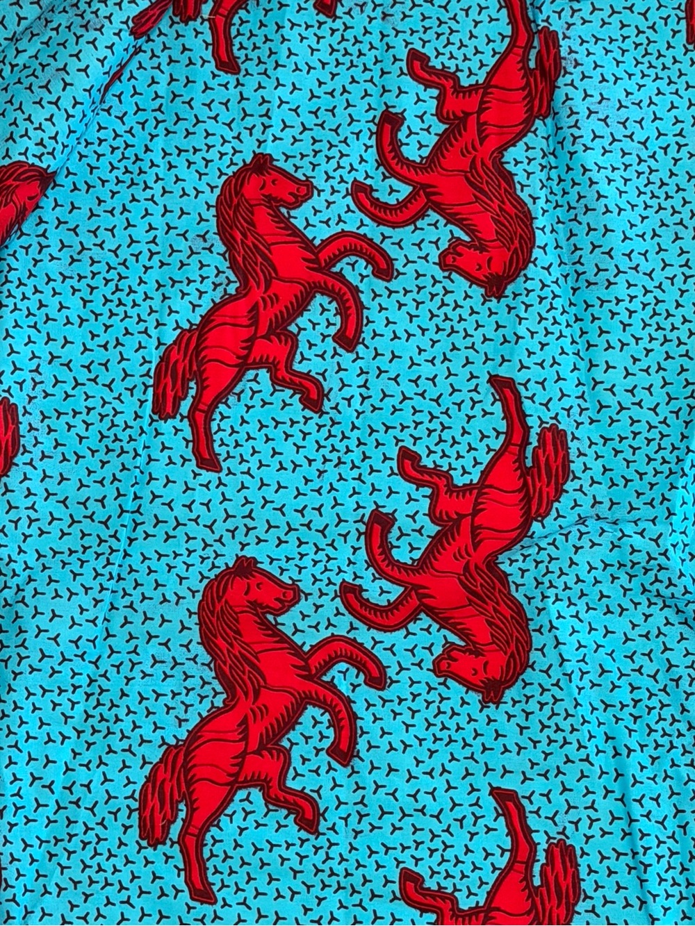 Red Horse Print in Bright Blue Cotton Fabric